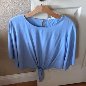 Powder blue quarter sleeve crop top.